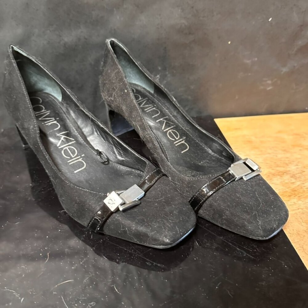 Black Calvin Klein Brush Faux Suede 8.5 Kitten Heel Buckle Square Toe Slip on - Picture 4 of 10